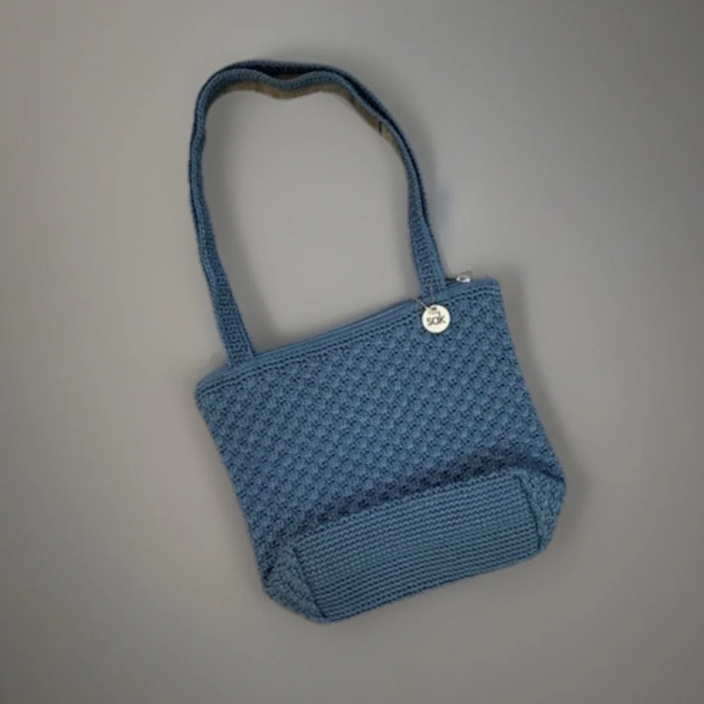 The Sak Elliott Lucca Blue‎ Crochet Knit Shoulder Bag Purse Zipper Closure